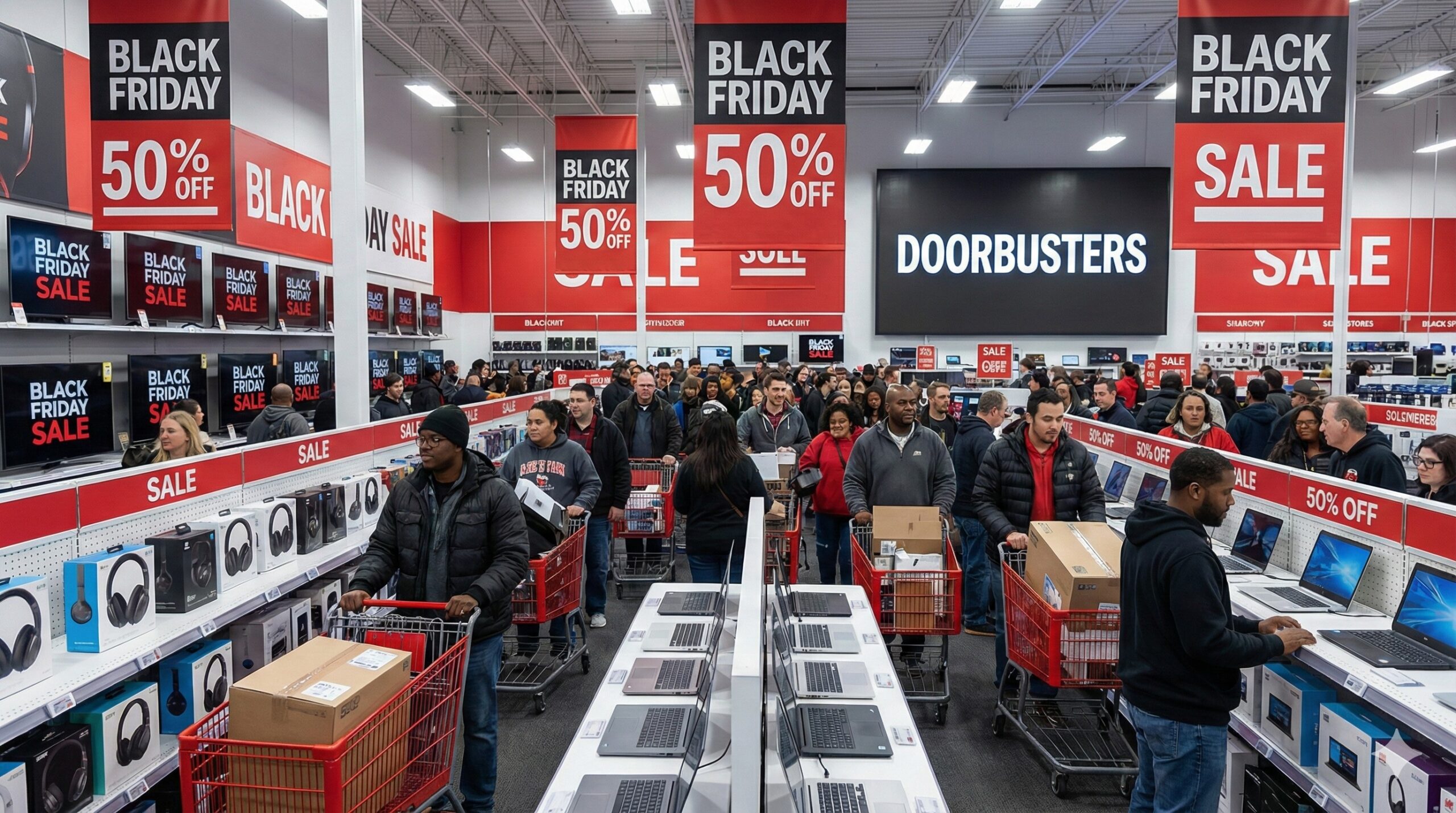 Shoppers carrying electronics and TVs during a busy Black Friday sale event